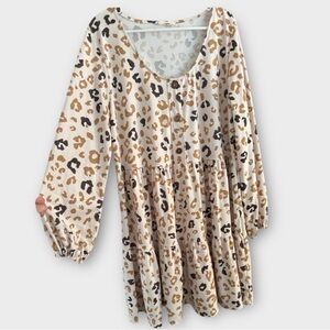 Entro Ivory Leopard Tiered Ruffle Long Sleeve Babydoll Flounce  Dress  Size XL